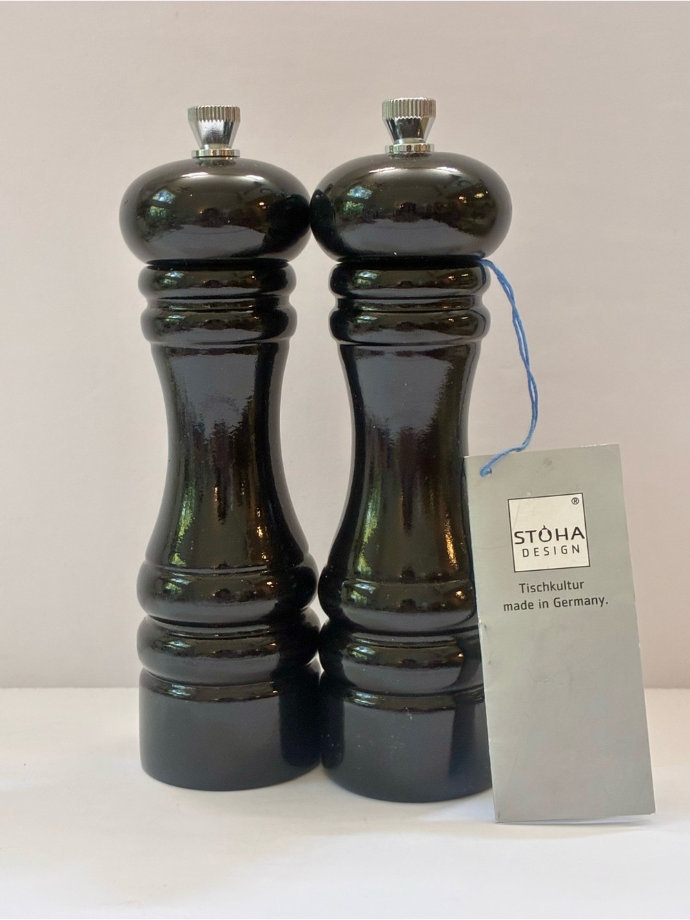 Vintage Stoha Design 7”.5 Black Wooden Salt & Peppermill Set Of 2 Germany New